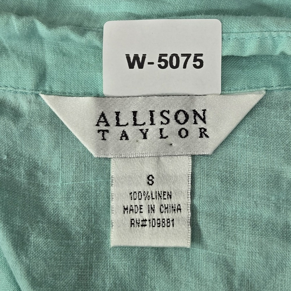 Allison Taylor Women Button Up Shirt S Green Linen Collared Front Short Sleeve - Picture 2 of 7